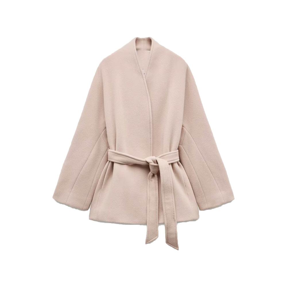 

Элегантная женская шерстяная куртка с V-образным вырезом и поясом-завязкой 2025 года, новая мода, классические пальто с длинными рукавами, осенний шикарный женский уличный стиль XS розовый