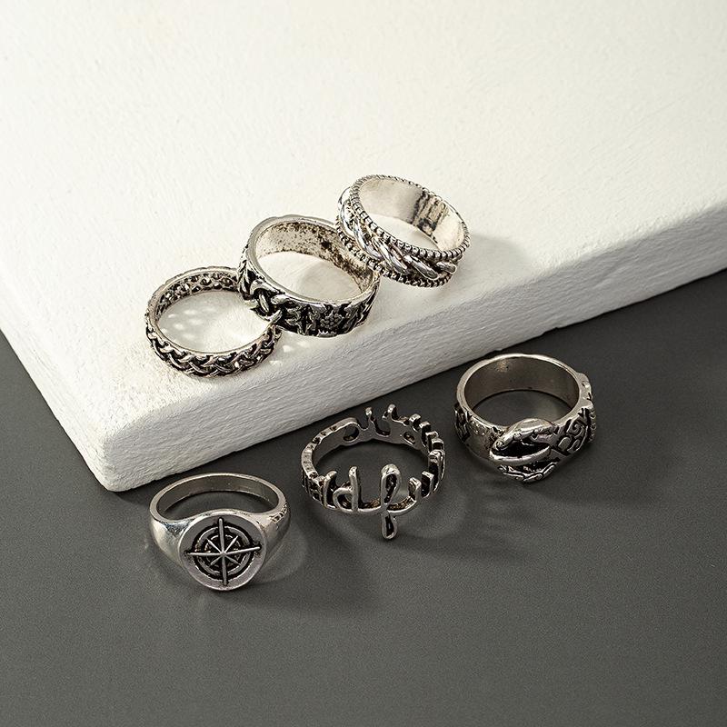 

Men s Retro Distressed Zodiac Snake & Letter Ring Set - Hip-hop Style