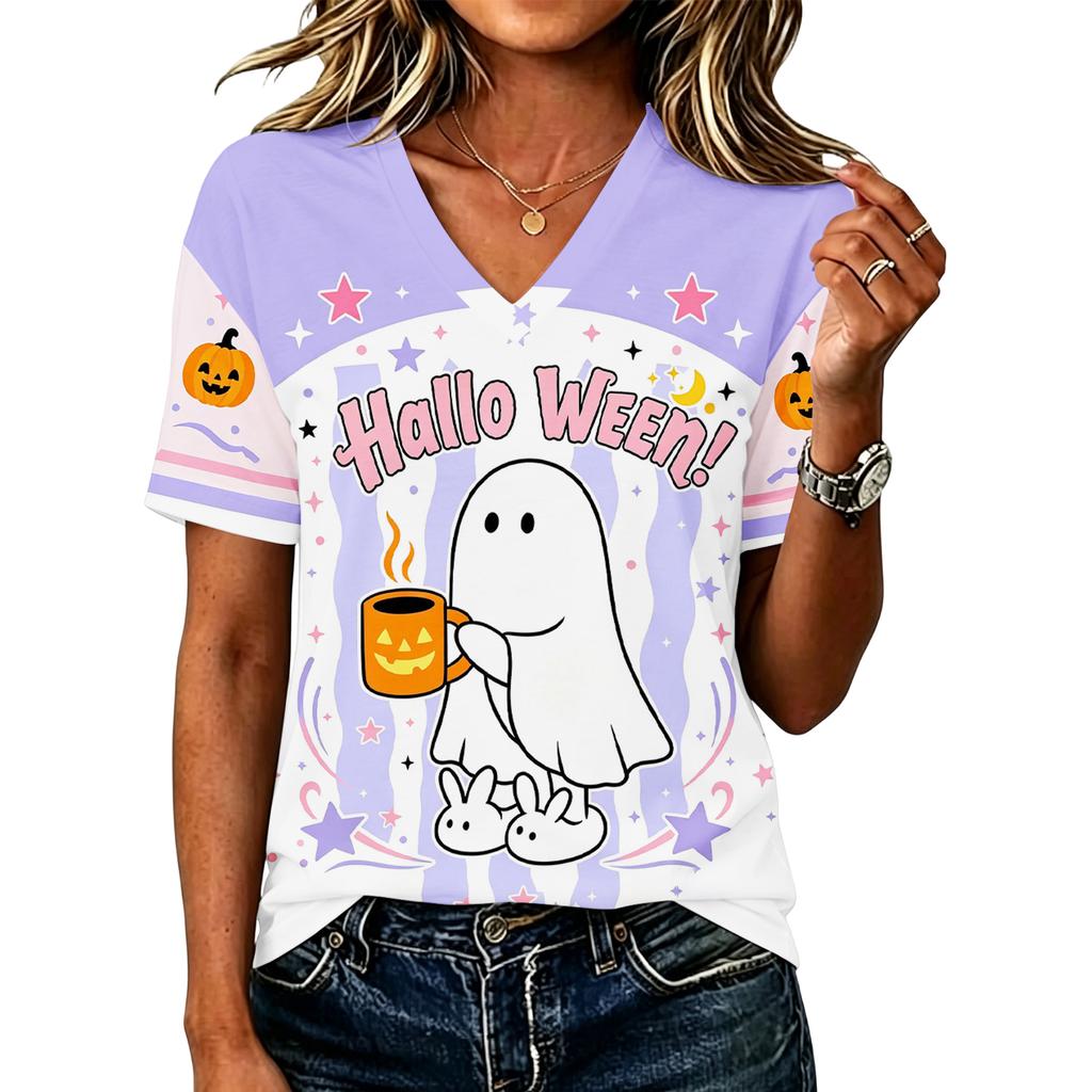 Women's Casual V-Neck Loose Fit Halloween Printed T-Shirt