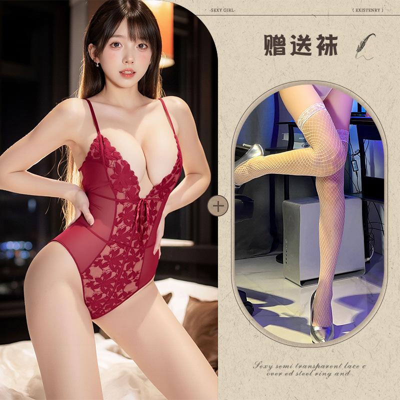 Sexy Lace Suspender Deep V Sex Underwear Lace-Up Perspective Hollow Mesh Onesie