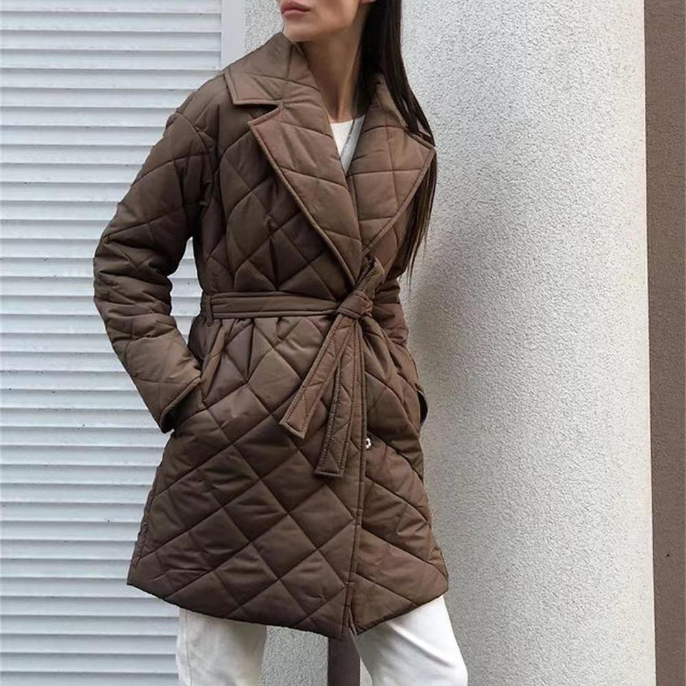 2025 Autumn Winter Women's Notched Lapel Trench Coat, Diamond Quilted Waist Belt Cotton Coat with Button Front, Fashion Slim Fit Mid-Length Parka