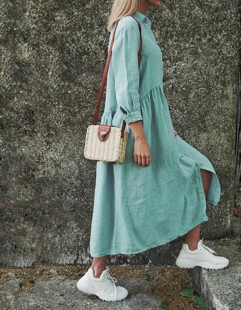 2023 Cotton Linen Solid Color Shirt Collar Long Casual Dress