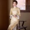 Womens Long Sleeve Chinese Style Dress Winter Warm Lined Yellow Brocade Qipao Vintage Daily Wear