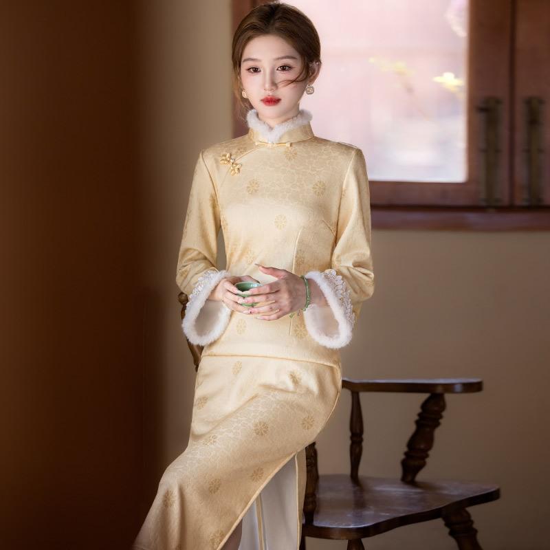 Womens Long Sleeve Chinese Style Dress Winter Warm Lined Yellow Brocade Qipao Vintage Daily Wear