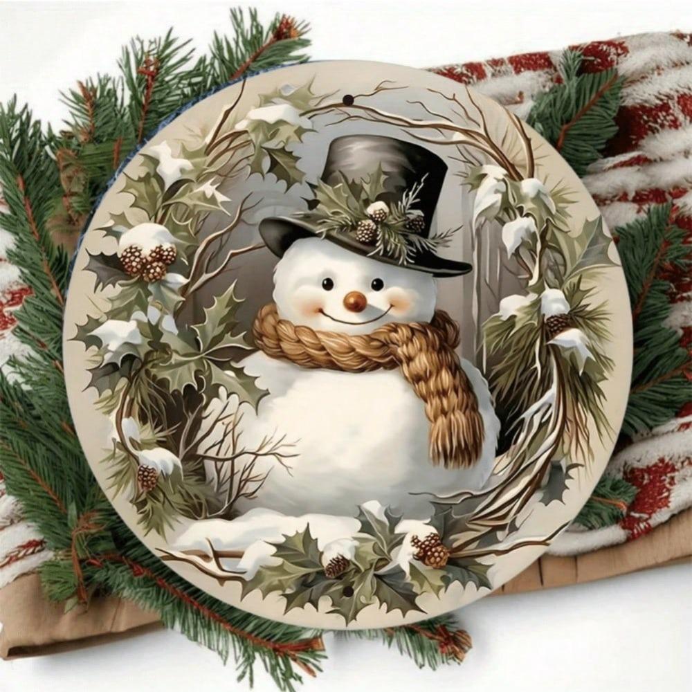 Snowman Wreath Round Metal Wall Art Christmas Holiday Decor Home Gift Indoor Outdoor