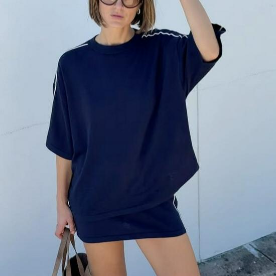 

Women s 2026 Summer Raglan Sleeve Cotton Two-Piece Set Medium темно-синий