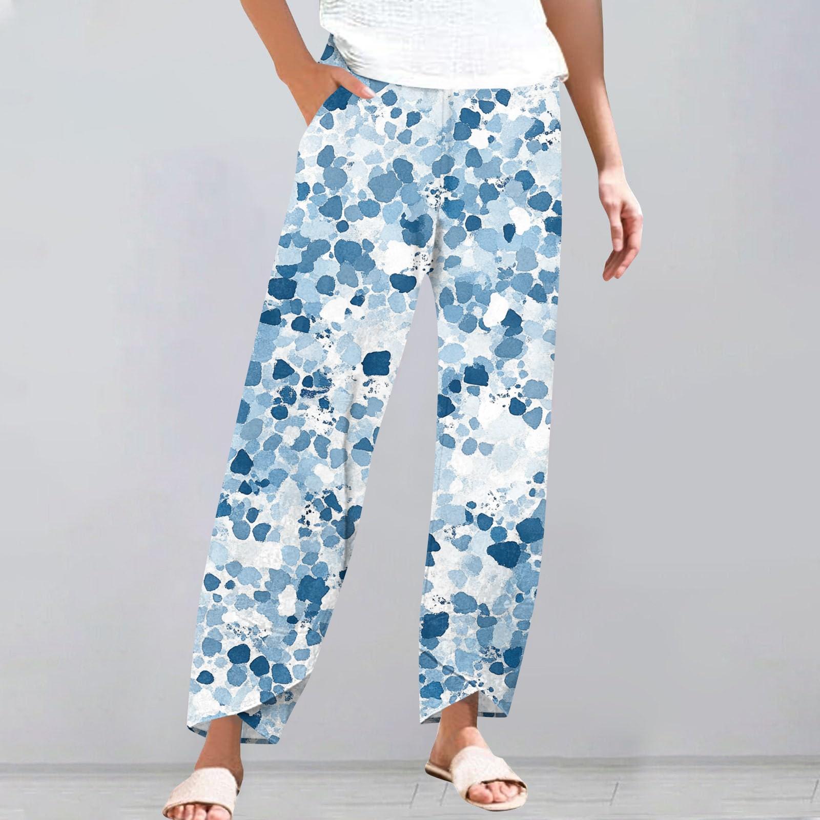 

Брюки женские летние повседневные широкие брюки с эластичной резинкой на талии и карманами L синий