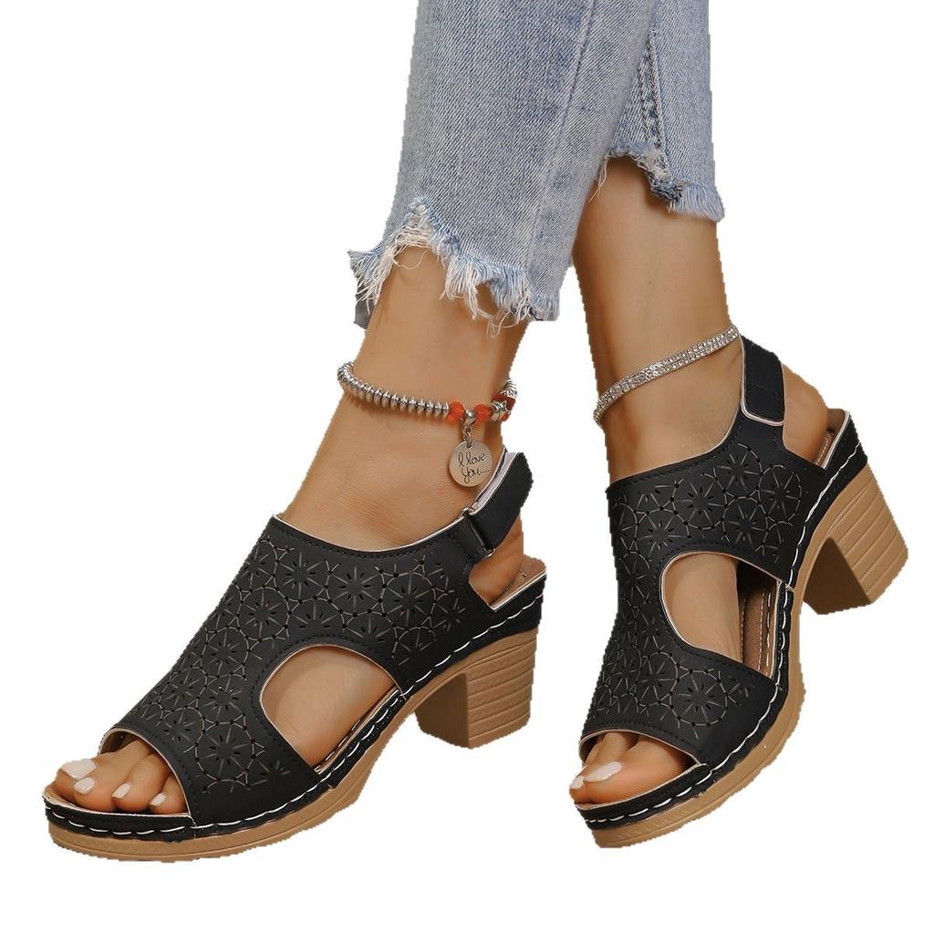 Fish mouth sandals women's large size thick heel high heels open toe hollow sandals