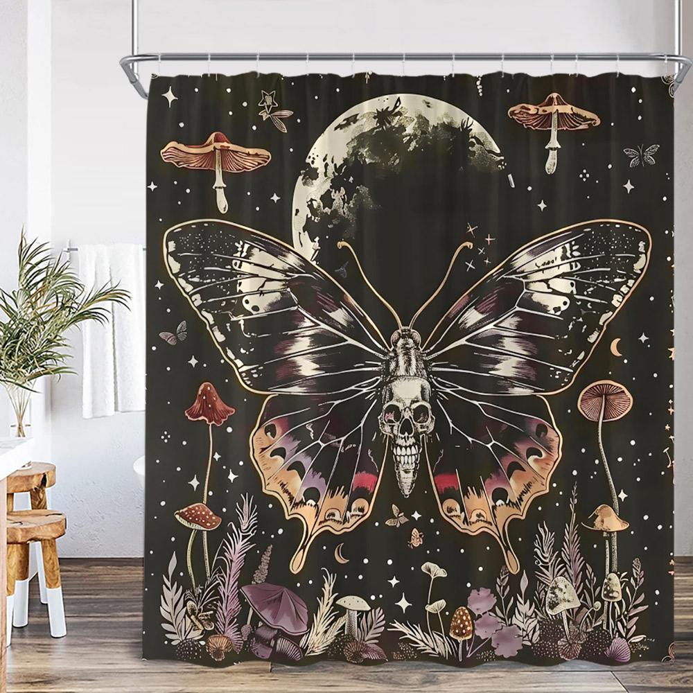 Vintage Butterfly Dragonfly Shower Curtain Flower Skull Mushroom Witch Magic Halloween Bath Decor Retro Polyester Bath Curtain