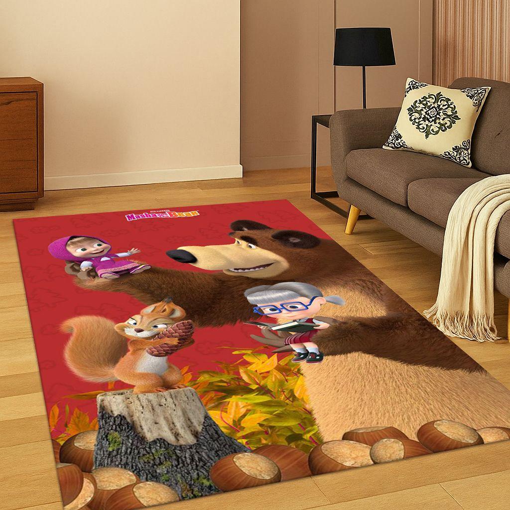 Covor Desen Animat 3D Masha și Ursul pentru Dormitor Sufragerie Canapea Preș de Intrare Decor Casă, Covor Zonă Joc Copii Antiderapant Cadou de Crăciun