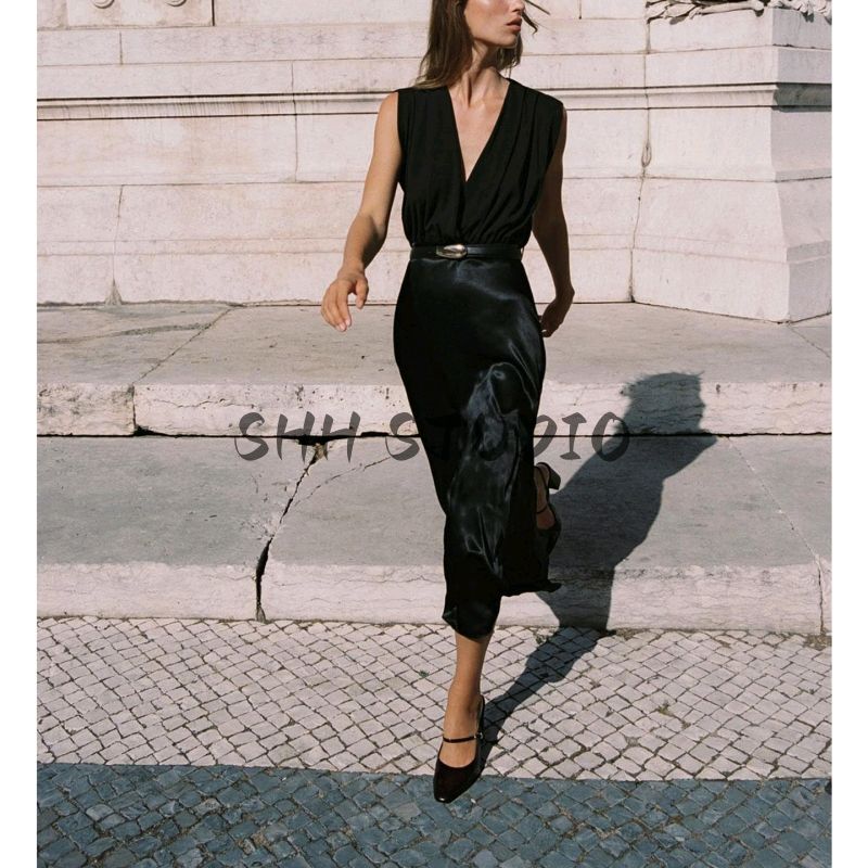 Fall New Women's Clothing Pleated Trim Double Breasted V Neck Sleeveless with Belt Patchwork Midi Skirt Dress 5029180