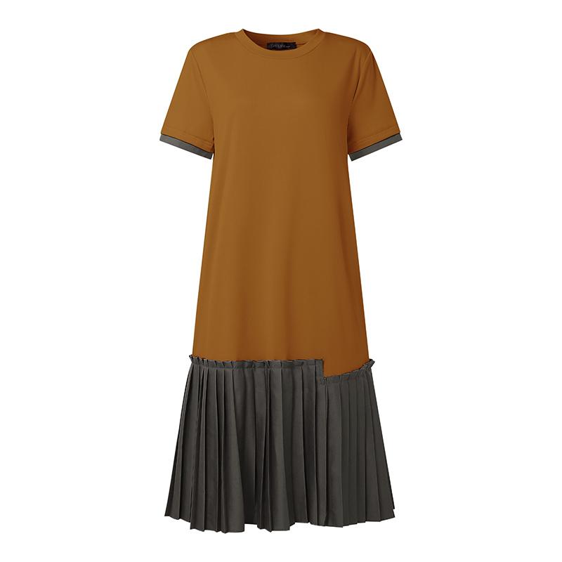 

ZANZEA Женское повседневное летнее платье с круглым вырезом и короткими рукавами, в стиле пэчворк 5XL коричневый