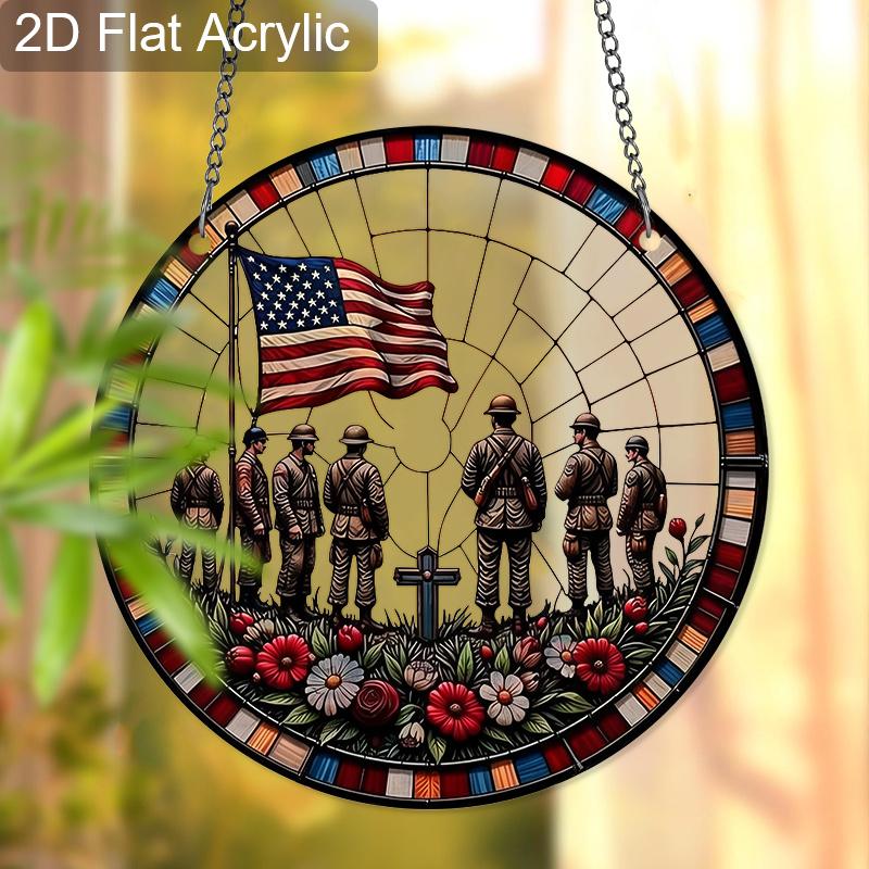 2D Flat Acrylic Memorial Day Suncatcher, 7.87in Round Window Hanging Decor, Soldier Silhouette American Flag Patriotic Ornament