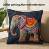 1pc Dark Blue Pillowcase Featuring a Colorful Elephant Embroidered with Flowers, Unique and Eye-cat