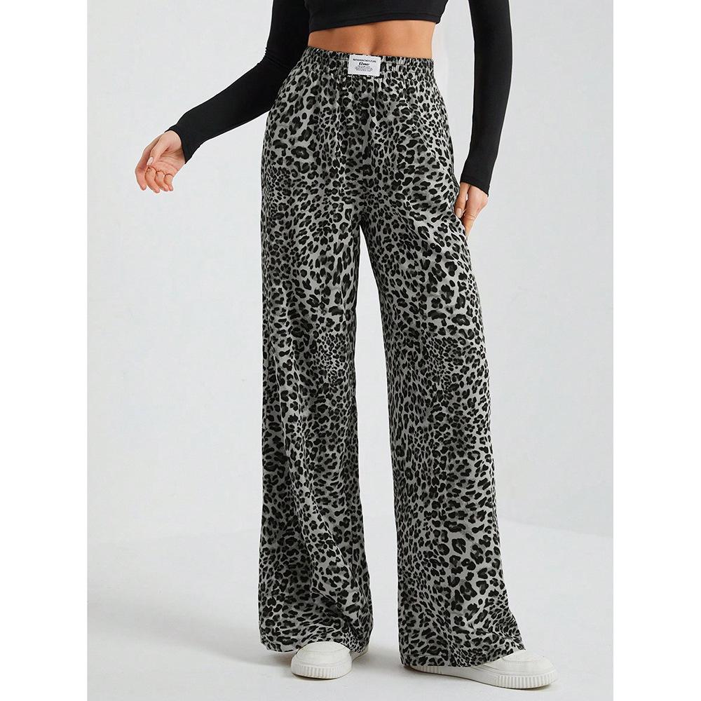 

New Spring and Autumn Leopard Print Straight-line Casual Pants for Women with High Waist Loose Wide-leg Trousers S
