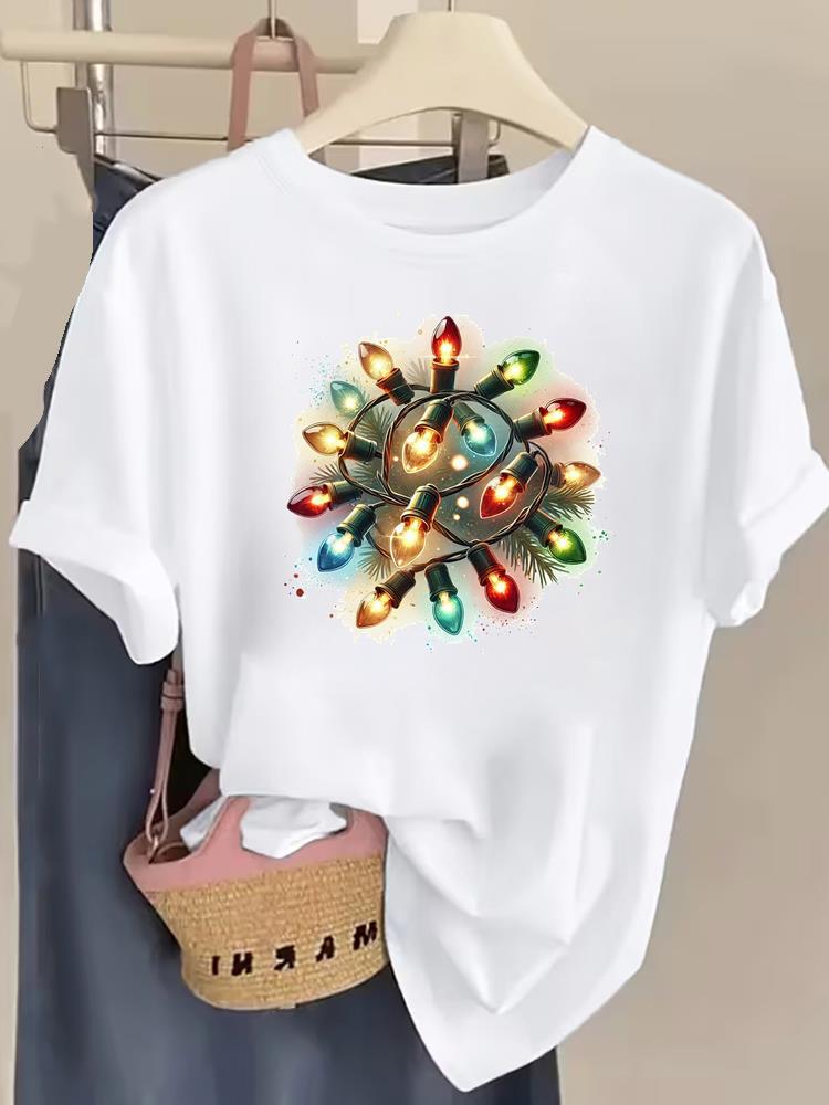 (Asian Size) Letter Cute Women Fashion Festival New Year T Shirt Christmas Clothing Tee Top Print Woman Short Sleeve Graphic T-shirts