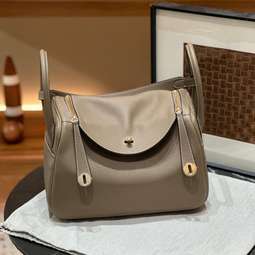 30TC Top Layer Cowhide Lock Plain Weave Coffee Tote Bag Large Capacity Real Leather Organizer Womens Bag