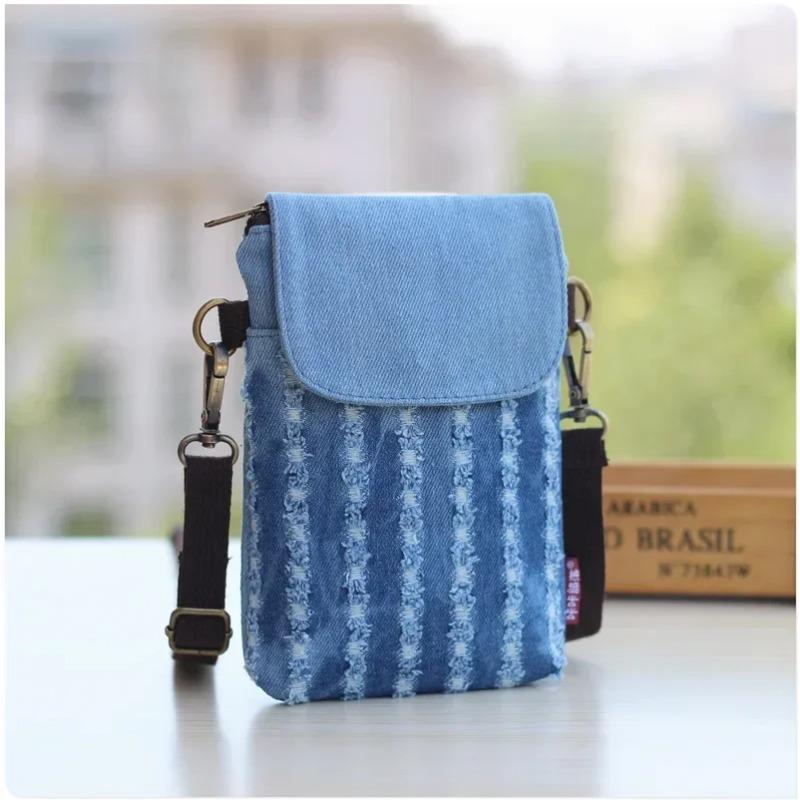 LChome Denim 3-laags mini-messenger voor dames, mobiele telefoontas, schoudertas, portemonnee, handtas, portemonnee, damestas, draagtas lichtblauwe kleur