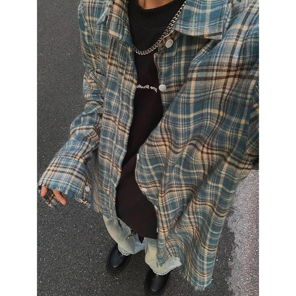 Unisex Trendy Plaid Long Sleeve Shirt with Frayed Hem - Versatile Retro Street Style for Spring and Autumn