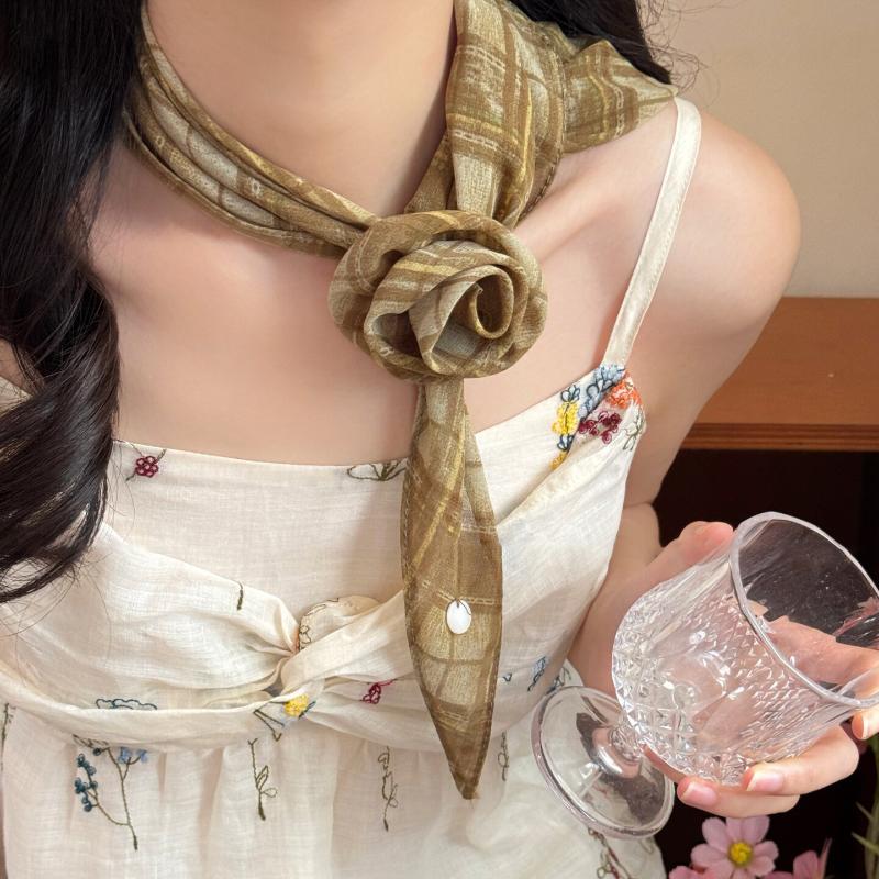 Spring Summer Colorful Polka Dot Floral Decorative Scarf Necktie Soft Lightweight Breathable Lace Up Accessory Fashion Decor