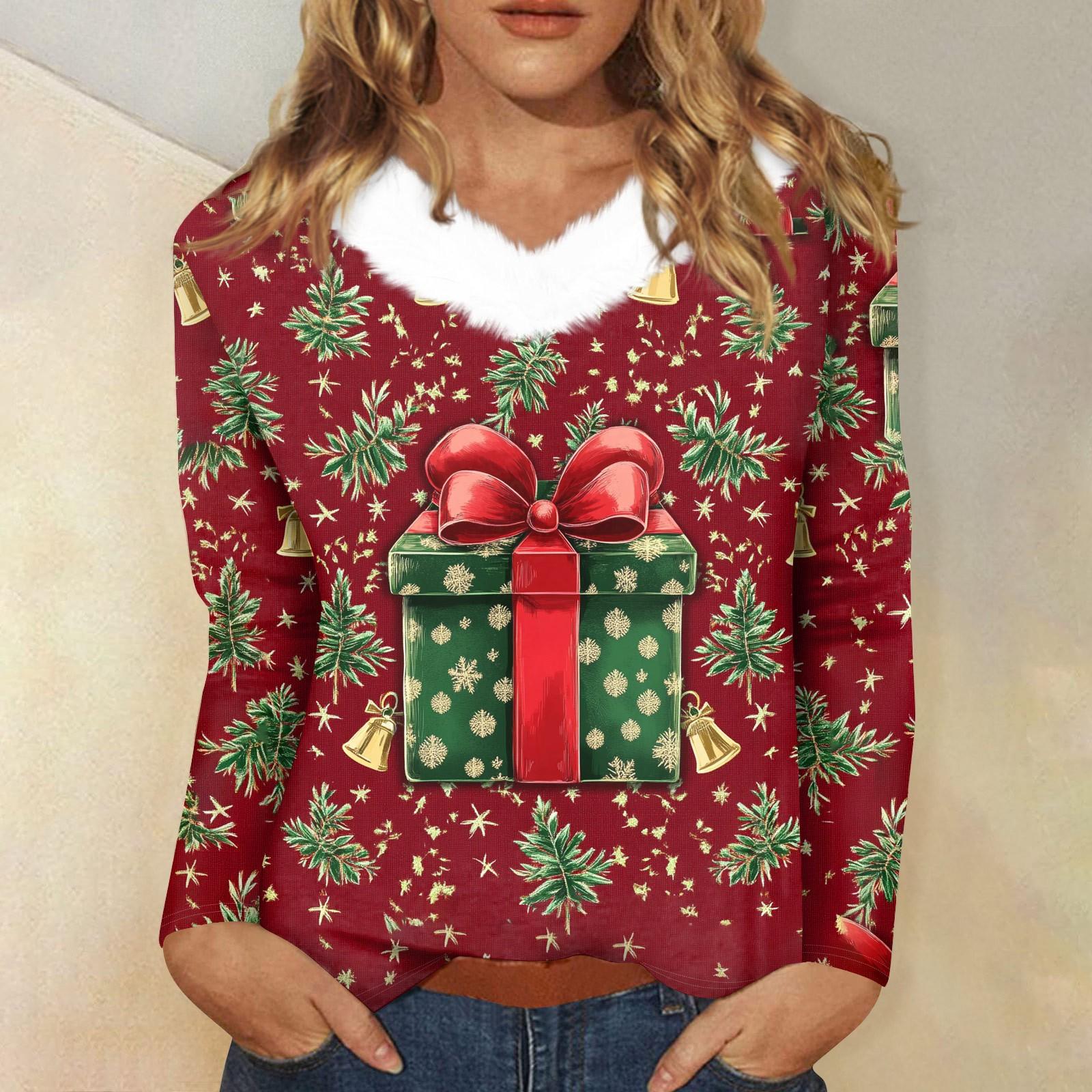 

Женская футболка с длинным рукавом, рождественская вечеринка, плюшевый воротник, топ с V-образным вырезом L винный