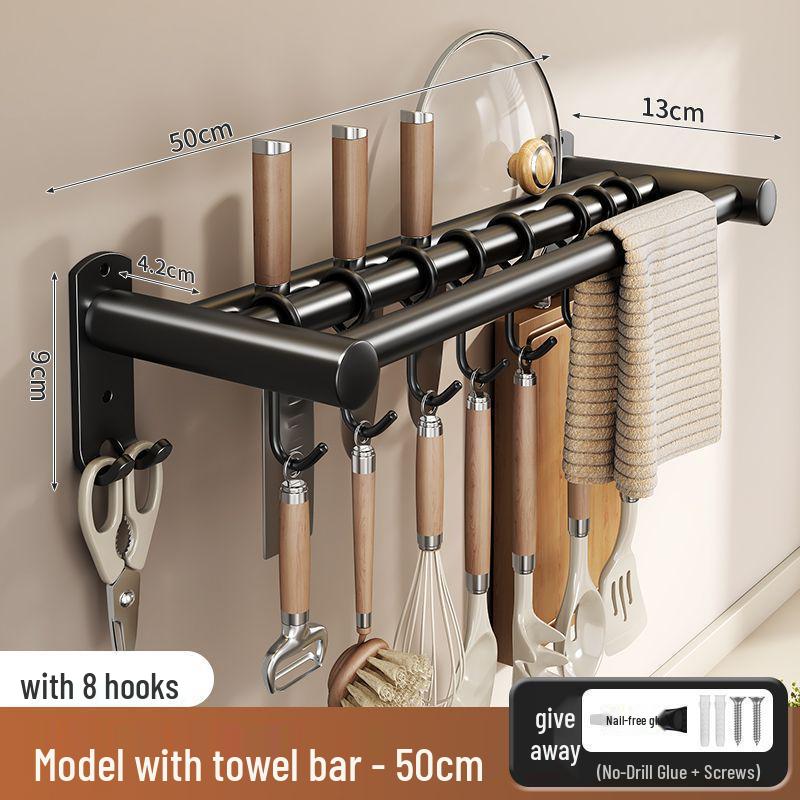 Stainless Steel Wall-Mounted Kitchen Hook & Pot Lid Rack with Knife Holder.