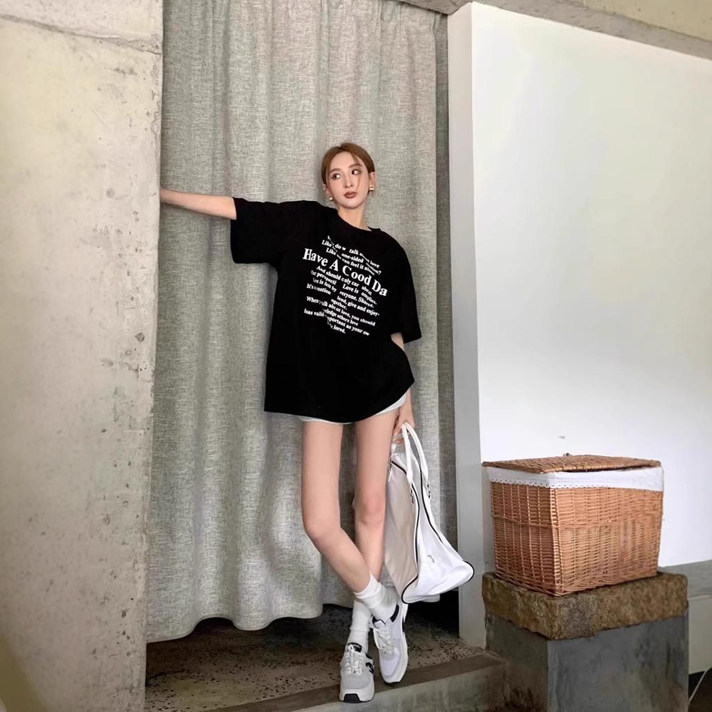 American Black Cotton Casual Short-sleeved T-shirt Women's Summer Large Size Fat Mm100kg Loose Lazy Hong Kong Style Retro Top