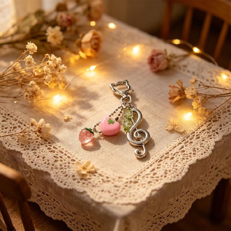 Elegant Strawberry Music Symbol Keyring Craft From Alloy Materials