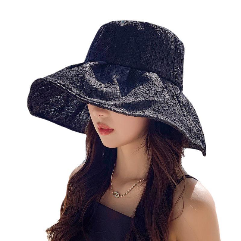 Korean Wide Brim Lace Flower Pearl Fisherman Hat for Women - Spring/Summer UV Protection