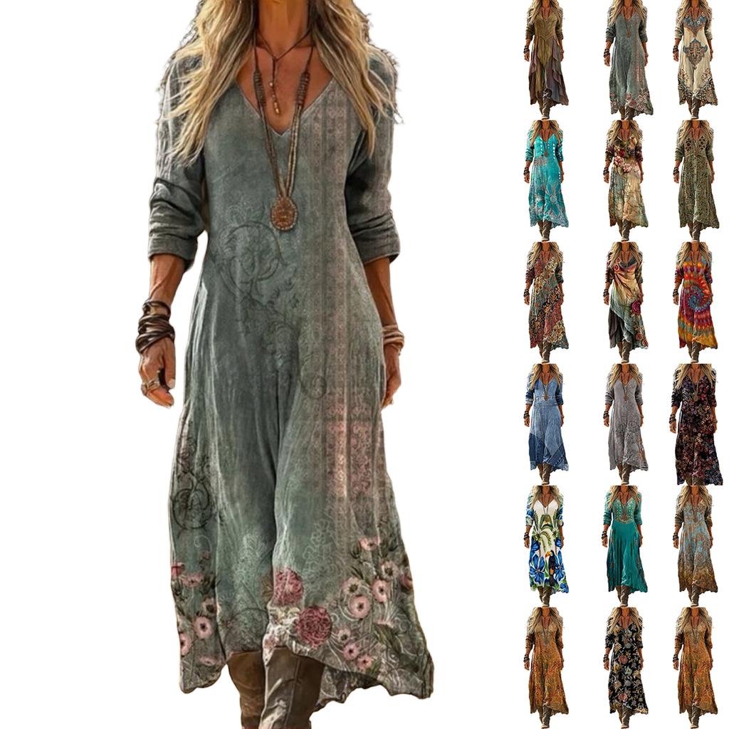 Women's Vintage Ethnic Floral Print Long Sleeve Dress Bohemian Vacation Beach Maxi Dress with V Neck and Relaxed Fit