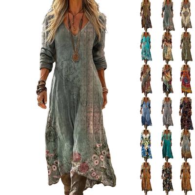 Vestido Maxi Bohemio de Manga Larga para Mujer Estampado Floral Vintage Estilo Étnico Vestido de Vacaciones para Playa Casual de Corte Holgado Vestido de Longitud Completa