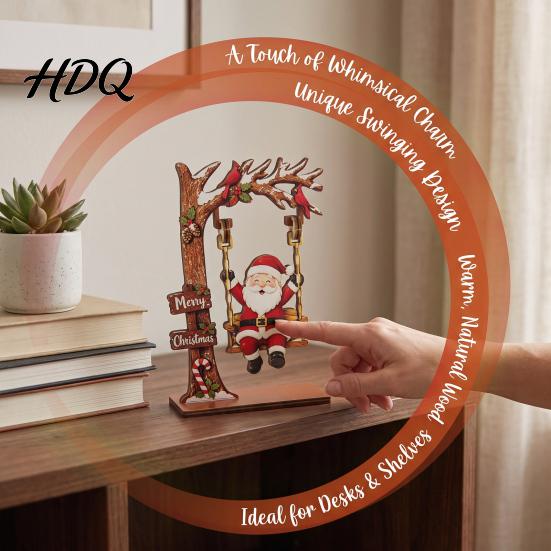 Winter Holiday Home Decor Christmas Wooden Ornaments Santa Snowman Figurine with Moving Bookshelf Decorations Swing