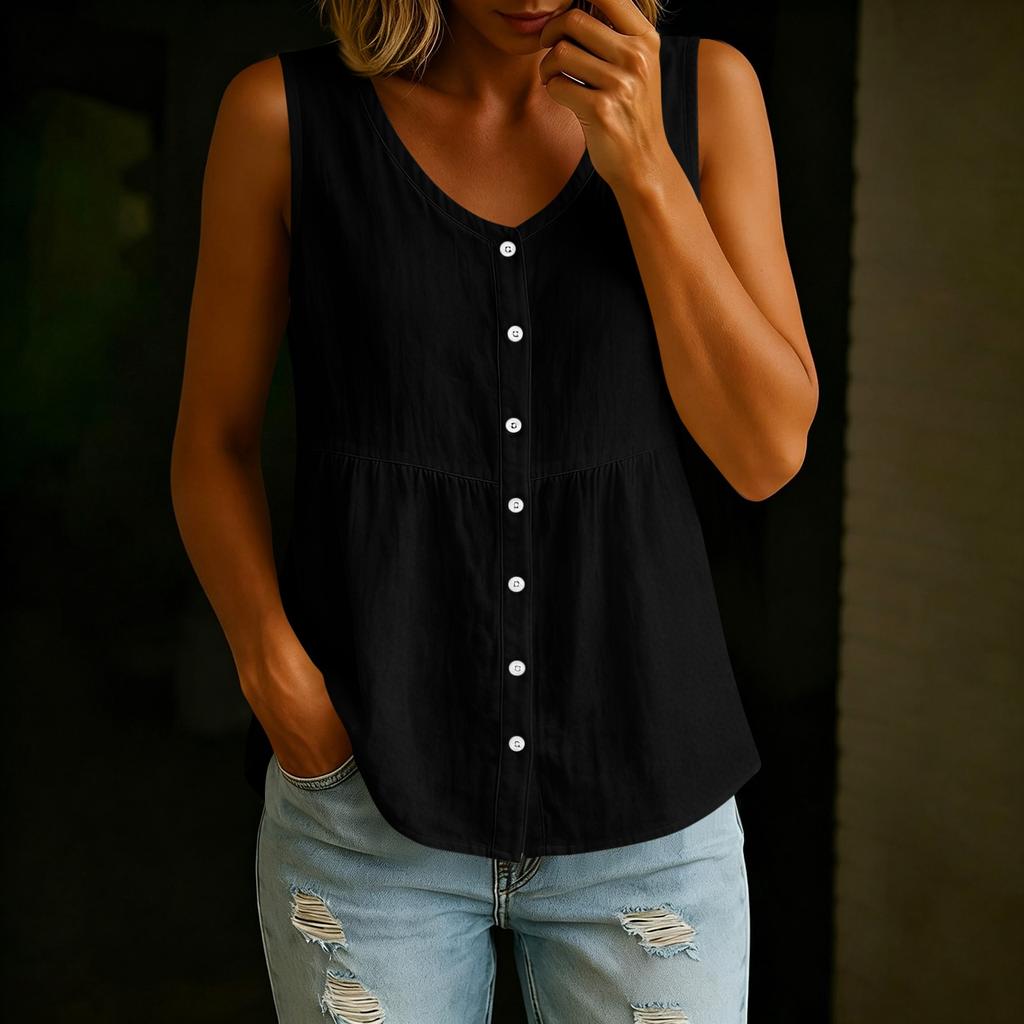 Women’s V Neck Button Front Sleeveless Loose Fit Casual Summer Blouse Top Relaxed Style Lightweight Comfortable Shirt