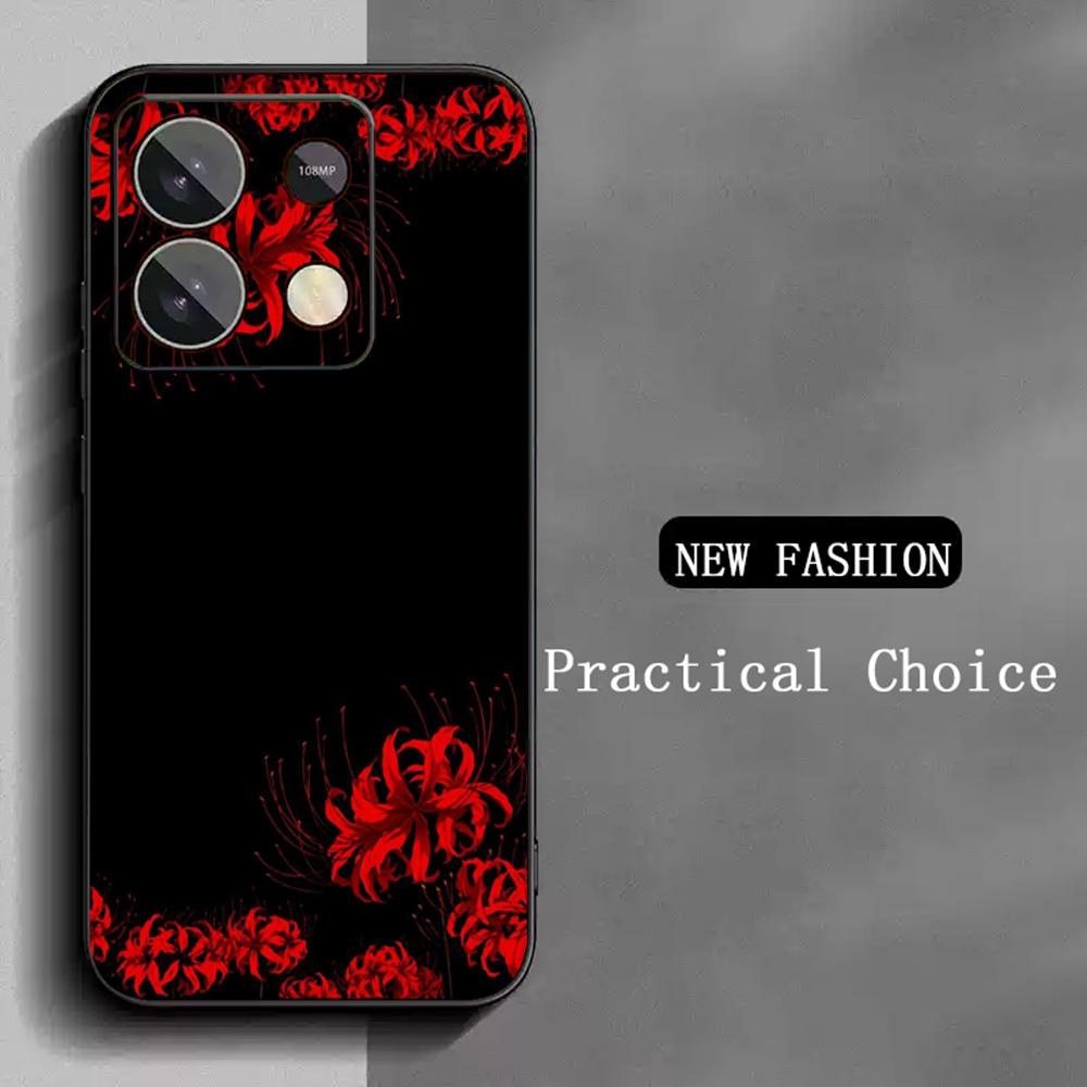 Japan Art Red Spider Lily Pattern Phone Case For Redmi Note 14 13 12 11 Pro Plus S 5G 14C A3 Soft Black Phone Cover