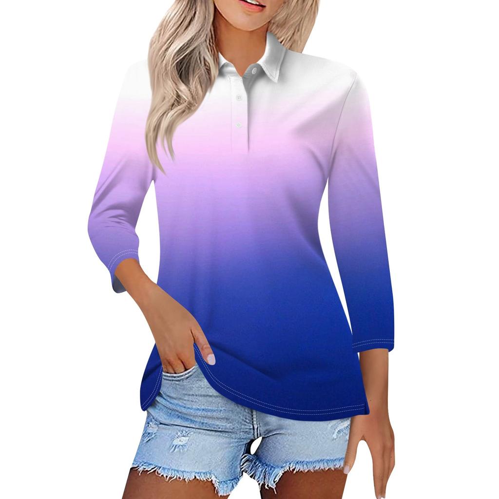 Women's Fashion Casual Lapel Short 3/4 Sleeve Printed Shirt Women's Button Up Tops