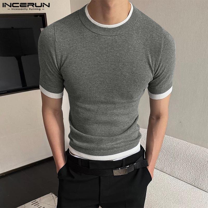

INCERUN Summer Men O Neck Short Sleeve Stitching Rib Skinny Tops T-shirts M