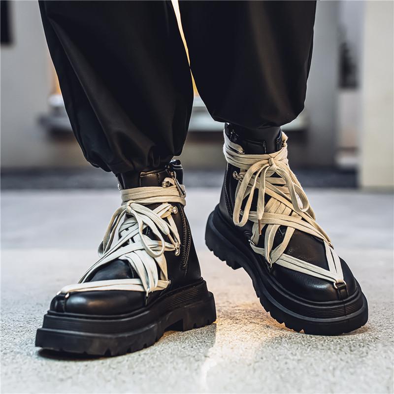 New Fashion Motorcycle Boots Men Strap Designer Men's White Boots Streetwear Platform Shoes Men Black Leather Short Barrel Boots