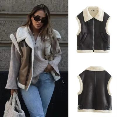 Autumn Winter New Ladies Warm Fur Integrated Sleeveless Fleece Stitching Coat Vest Jacket