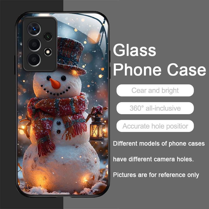 Winter Christmas Snowman Pattern Tempered Glass Phone Case for Samsung Galaxy S25 Ultra S24 S23 Plus S22 S21 S20 FE A56 5G Cover