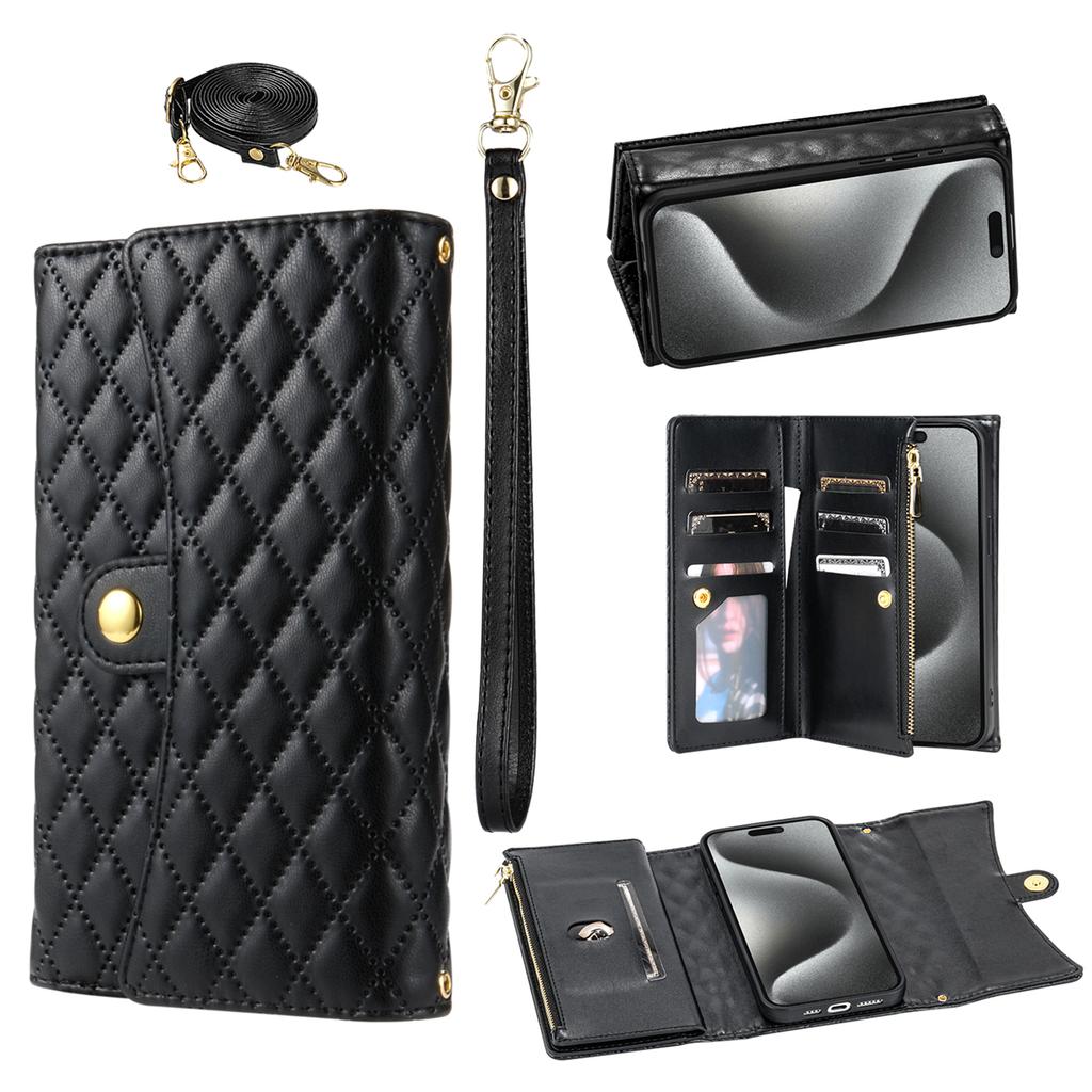 BKS-002 For iPhone 17 Pro Max Wallet Case PU Leather Stand Phone Cover with Shoulder Strap