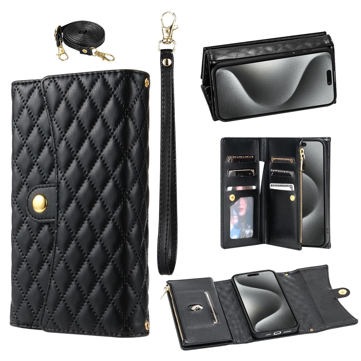 

BKS-002 For iPhone 16 Pro Max Stand Case PU Leather Wallet Purse Phone Cover with Shoulder Strap Black
