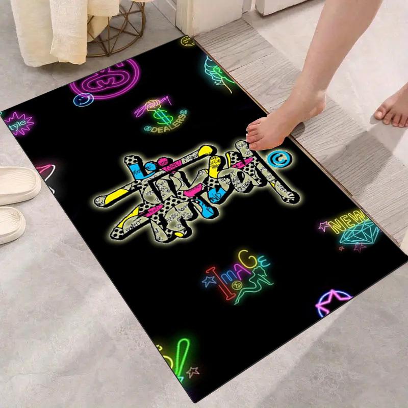 Bright Yellow Splash Ink Graffiti Logo Area Rug Non Slip Mat, Black Spray Paint Street Text Print Carpet for Game Room Decor
