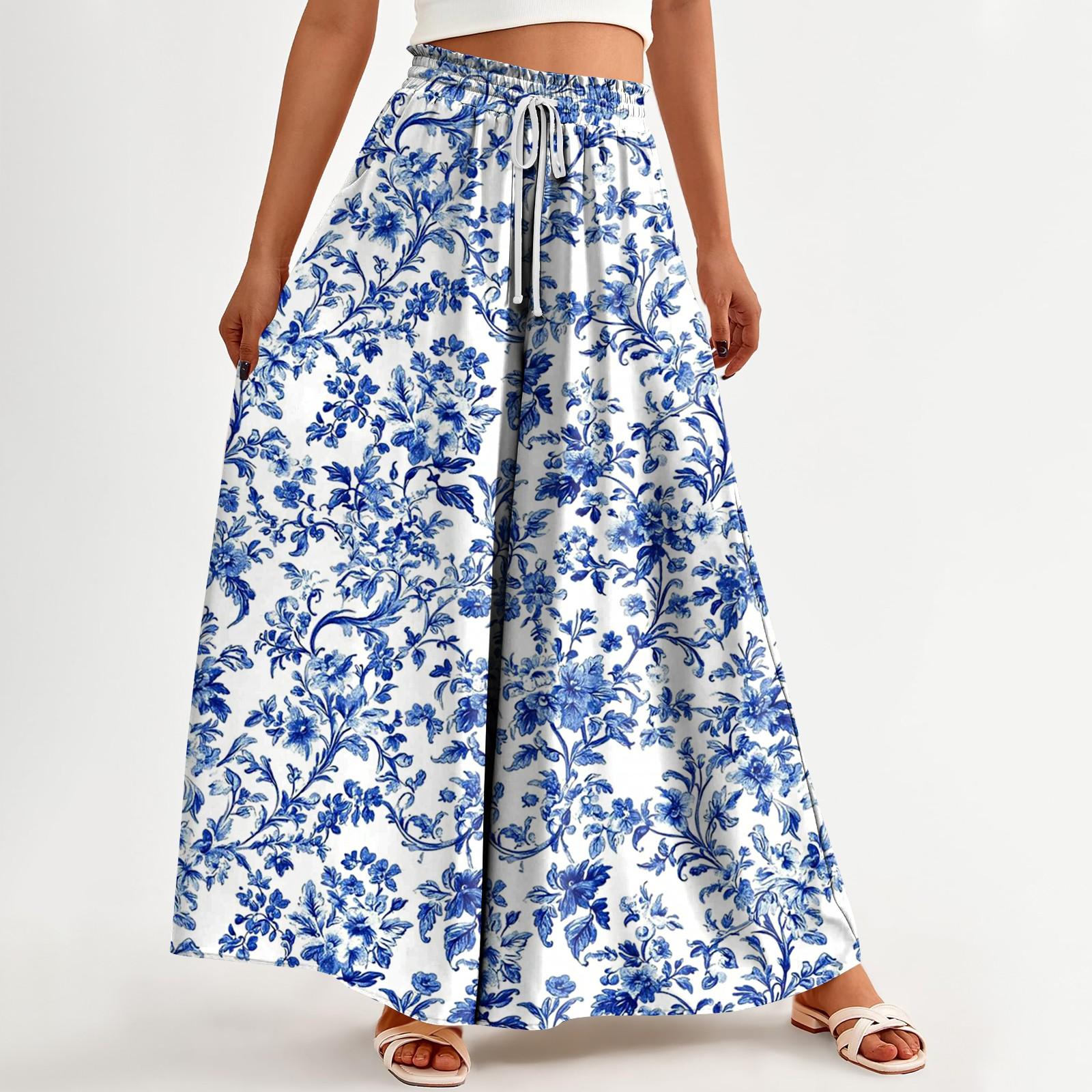 

Женские брюки с принтом и широкими штанинами, с карманами, с высокой талией, на кулиске, свободные, повседневные M синий