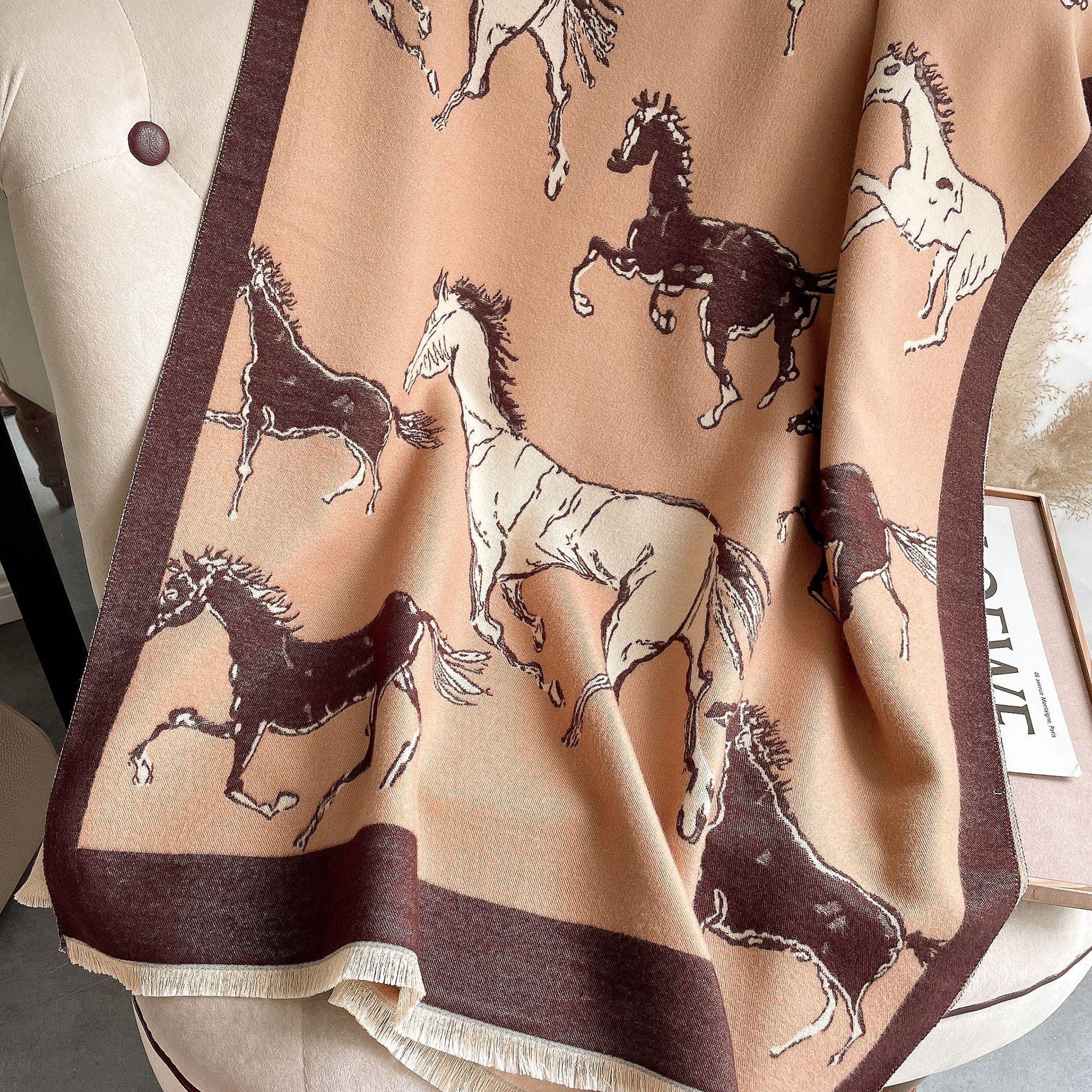 

Элегантный осенне-зимний универсальный шарф из искусственного кашемира с жаккардовым узором лошади, женский короткий шарф с кисточками, для путешествий и прогулок на свежем воздухе, теплый шарф 180-65cm