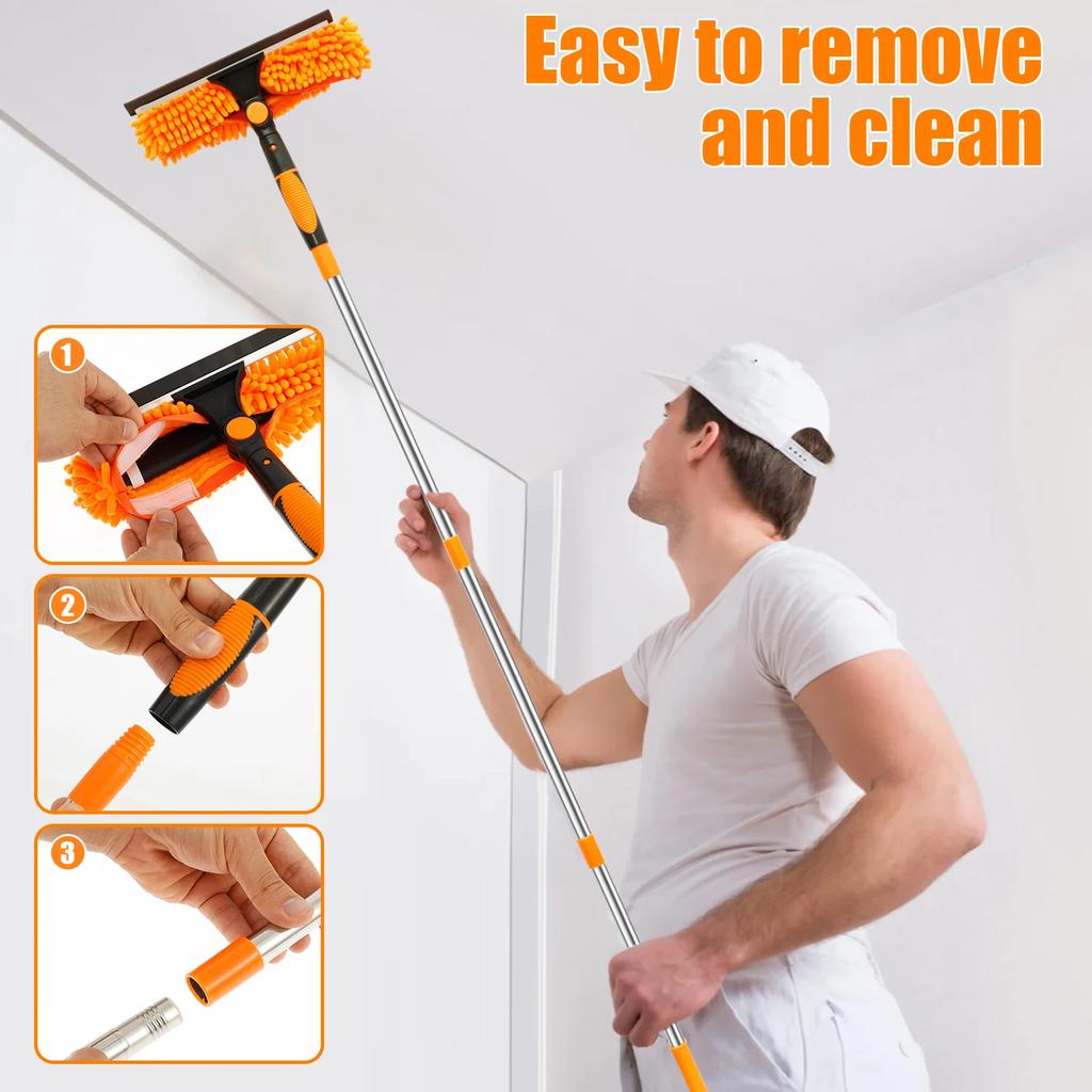 2 In 1 Window Cleaner Tool Double Sided Glass Squeegee Cleaner Duster Mop With Extendable Pole Ceiling Furniture Cleaning Tools