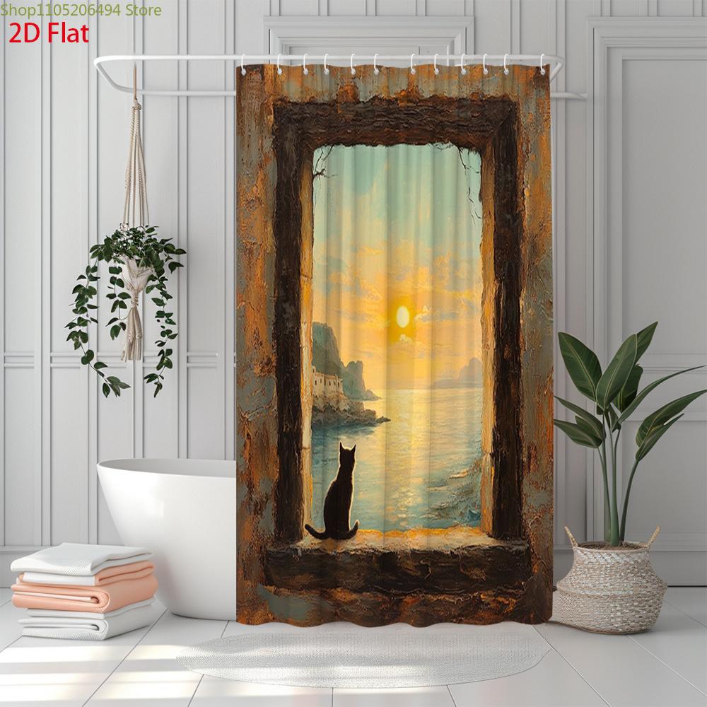 2D Flach, 2D Flach, 1 Stück 2D Flach Sonnenuntergang Katzenblick Duschvorhang | Polyestergewebe, Malerische Landschaft Heimdekoration, Inklusive 12 Haken