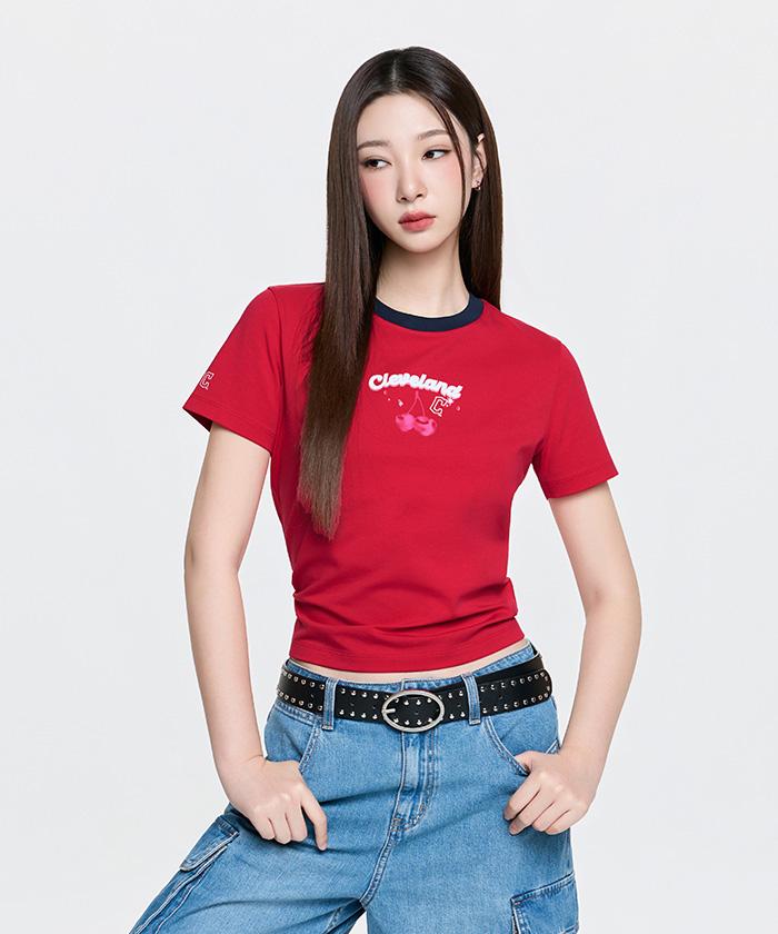 Emelbi Women'S Summer Fruit Ringer Slim Semi-Crop Short Sleeve T-Shirt Cle (Neon Red)