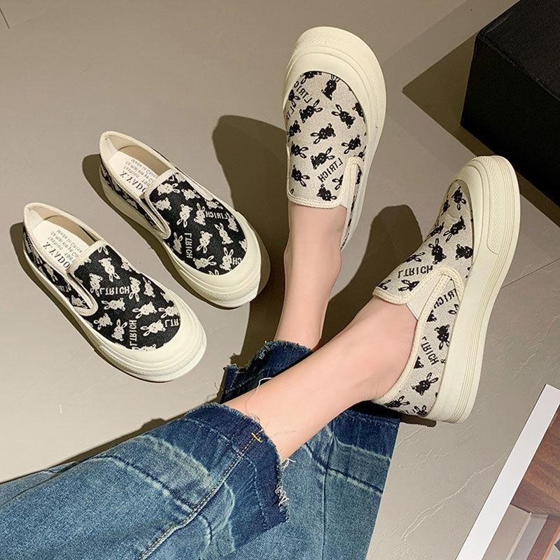 Loafers Cloth Shoes Women's Summer Breathable One-pedal Casual Shallow Mouth Flat-soled Canvas Shoes Women's Lazy Thick Baseplate Shoes