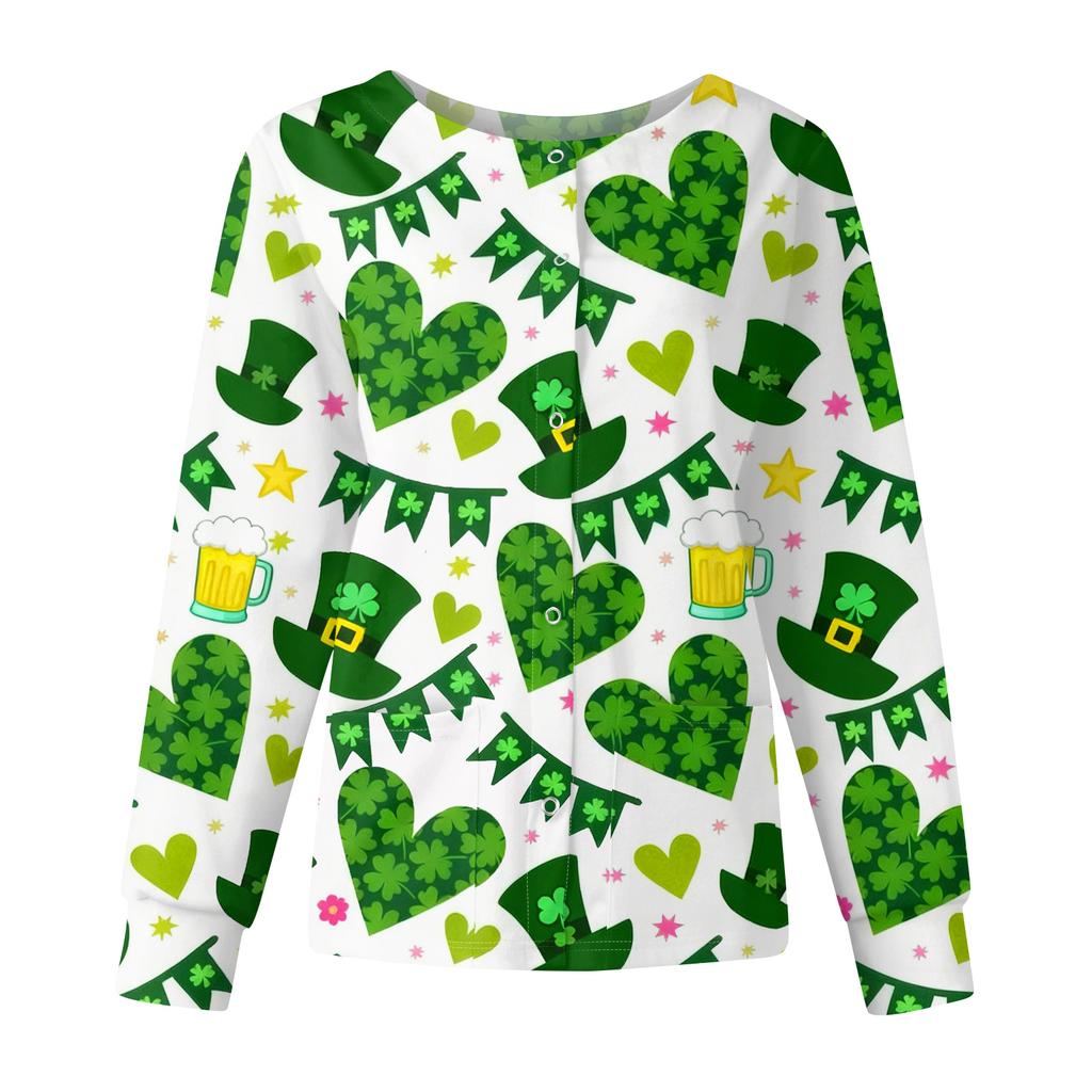 Damen Casual Mode Langarm Stehkragen Einreiher St. Patrick's Day Print Arbeitsjacke Tops