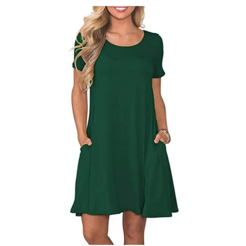 European And American New Round Neck Solid Color Casual Pocket Short Sleeve Big Pendulum Dress Women'S Clothing